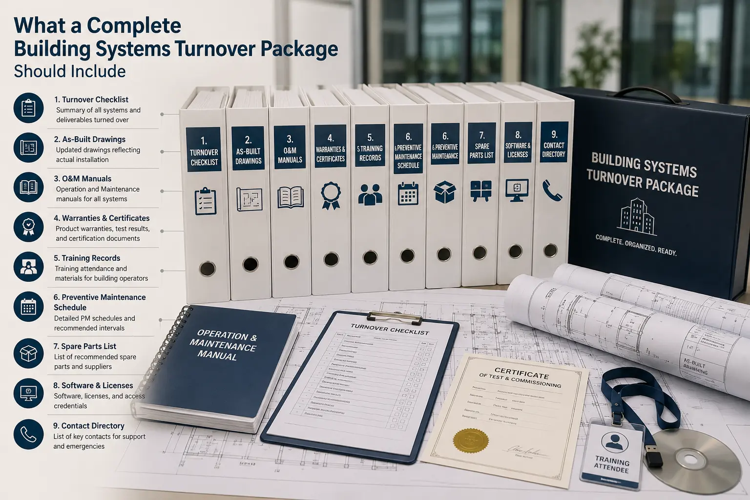What a complete building systems turnover package should include: turnover checklist, as-built drawings, O&M manuals, warranties and certificates, training records, preventive maintenance schedule, spare parts list, software and licenses, and contact directory