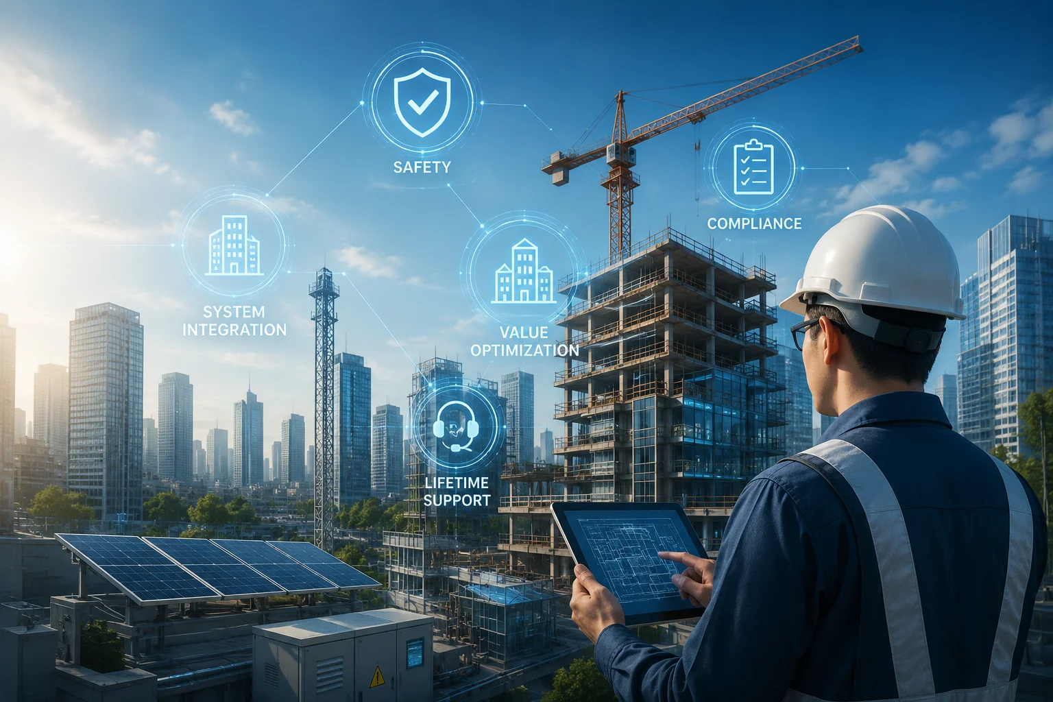 Engineer reviewing plans on a tablet at a high-rise development, with Stelsen's safety, compliance, system integration, value optimization, and lifetime support coverage