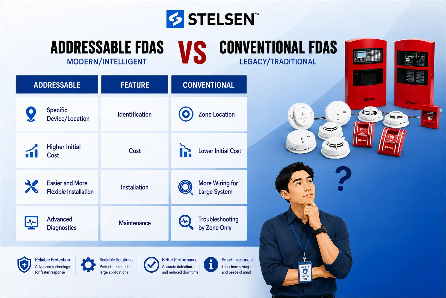 Stelsen comparison of addressable and conventional fire alarm systems across identification, cost, installation, and maintenance