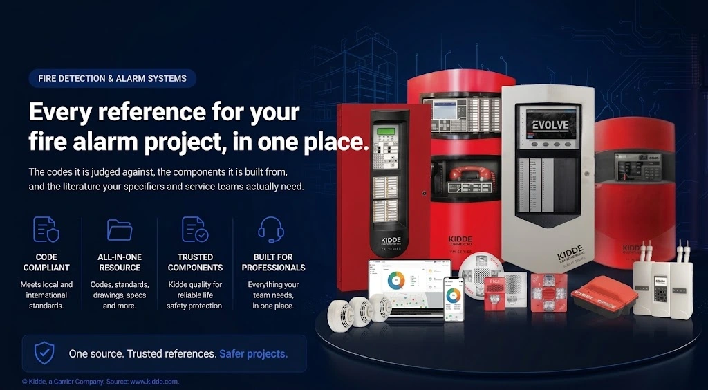 Fire Alarm Reference Library — Kidde VS Series, VM Series and EVOLVE Series fire alarm control panels with smoke detectors, notification appliances, and the monitoring dashboard on laptop and phone