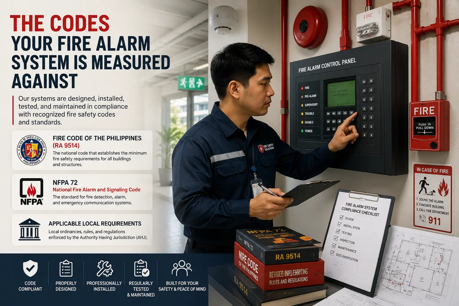 Fire safety technician at a fire alarm control panel, alongside summaries of the Fire Code of the Philippines (RA 9514), NFPA 72, and local AHJ requirements