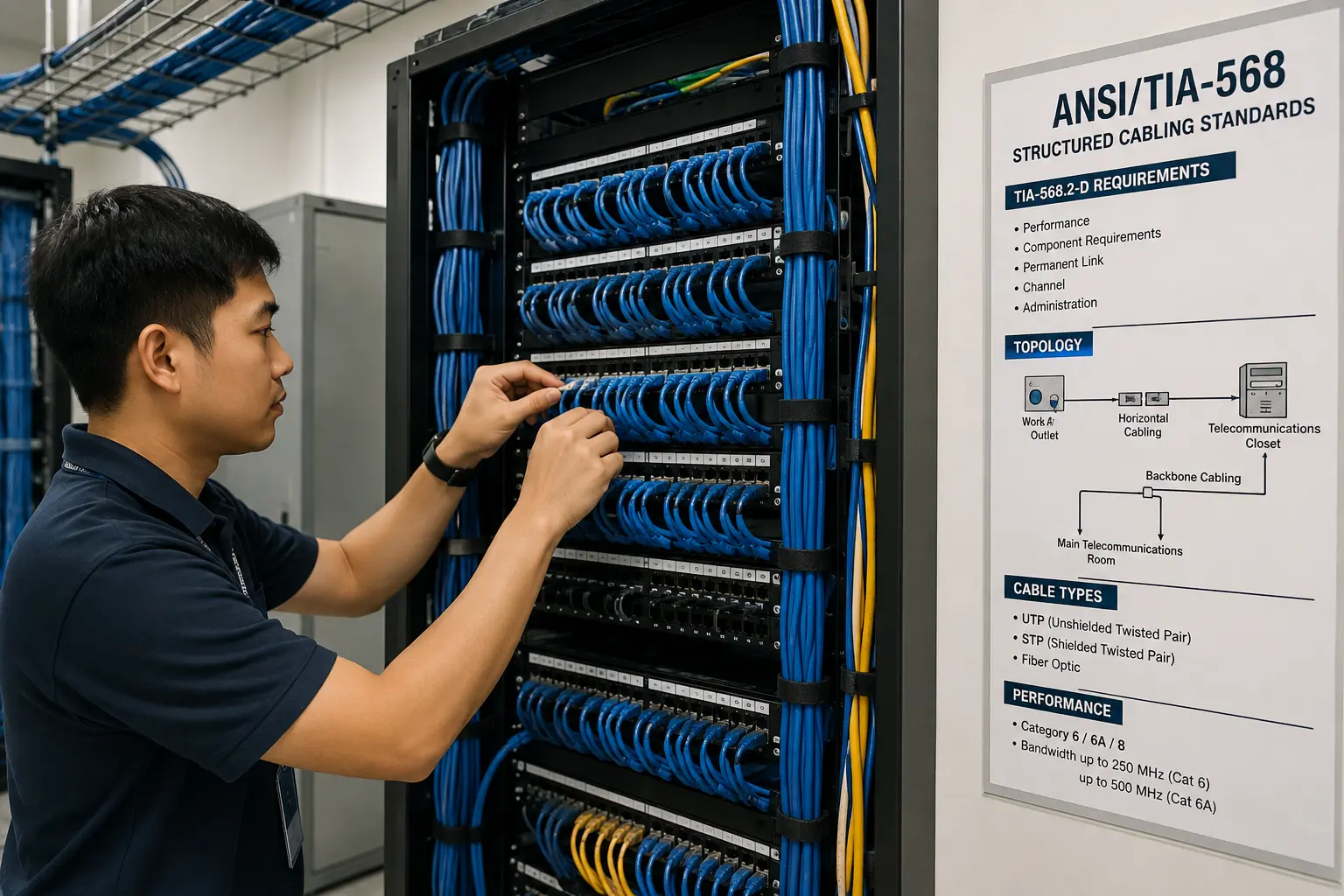 ANSI/TIA-568 structured cabling standards: a technician terminating patch panels in a server rack, alongside cabling requirements, topology, cable types, and category performance specifications